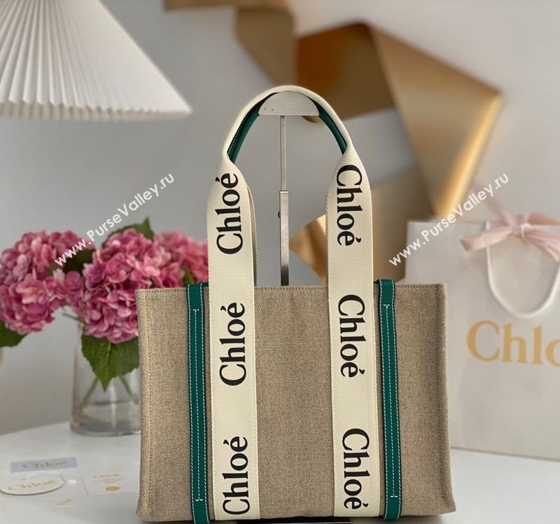Chloe Medium Woody Tote Bag in Linen Canvas and Calfskin Leather Dark Green 2025 1120 (DLA-251120078)