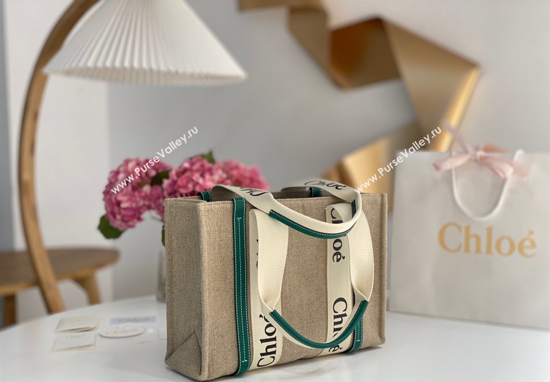 Chloe Medium Woody Tote Bag in Linen Canvas and Calfskin Leather Dark Green 2025 1120 (DLA-251120078)