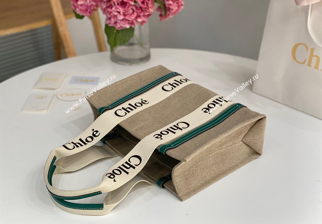 Chloe Medium Woody Tote Bag in Linen Canvas and Calfskin Leather Dark Green 2025 1120 (DLA-251120078)