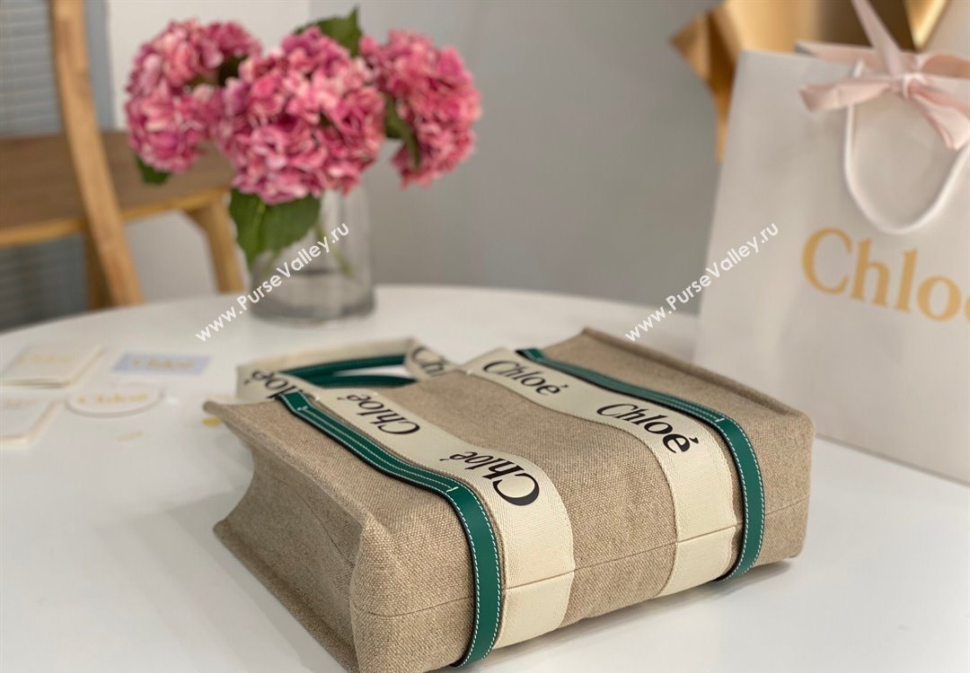 Chloe Medium Woody Tote Bag in Linen Canvas and Calfskin Leather Dark Green 2025 1120 (DLA-251120078)