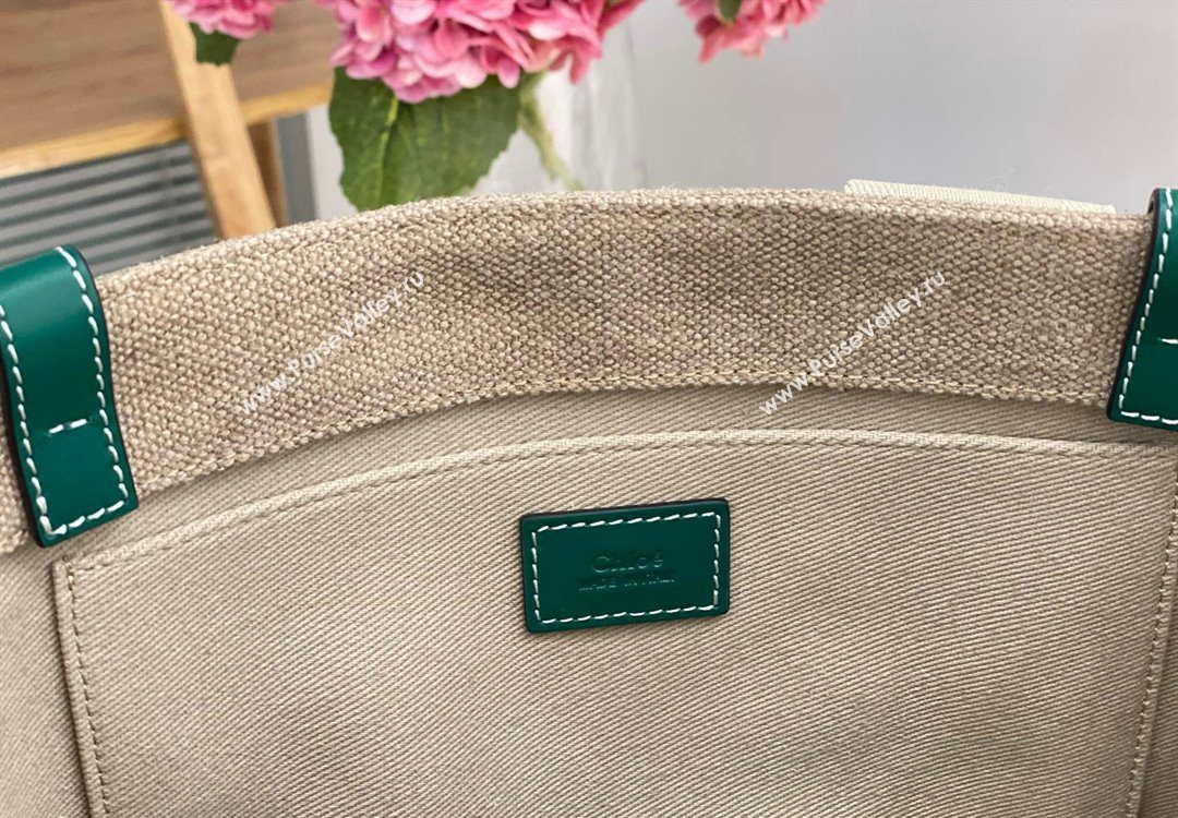 Chloe Medium Woody Tote Bag in Linen Canvas and Calfskin Leather Dark Green 2025 1120 (DLA-251120078)