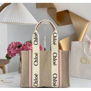 Chloe Medium Woody Tote Bag in Linen Canvas and Calfskin Leather Light Pink 2025 1120 (DLA-251120079)