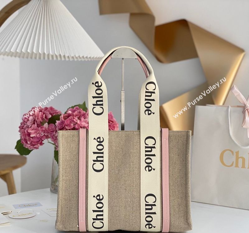 Chloe Medium Woody Tote Bag in Linen Canvas and Calfskin Leather Light Pink 2025 1120 (DLA-251120079)