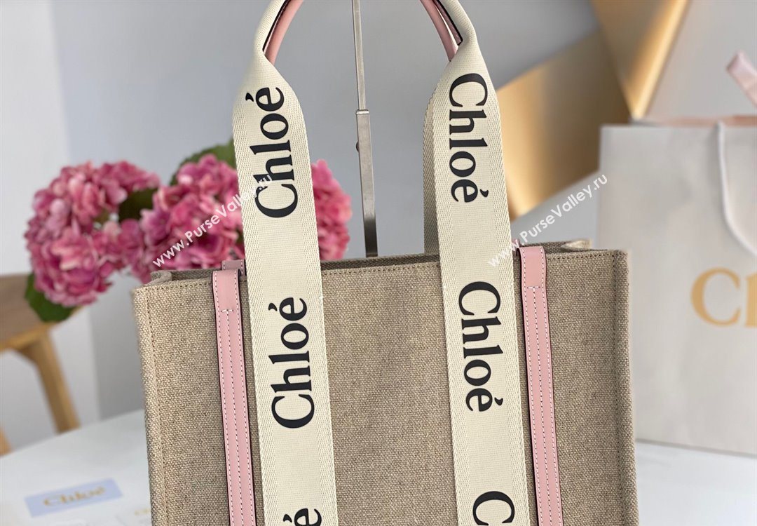 Chloe Medium Woody Tote Bag in Linen Canvas and Calfskin Leather Light Pink 2025 1120 (DLA-251120079)
