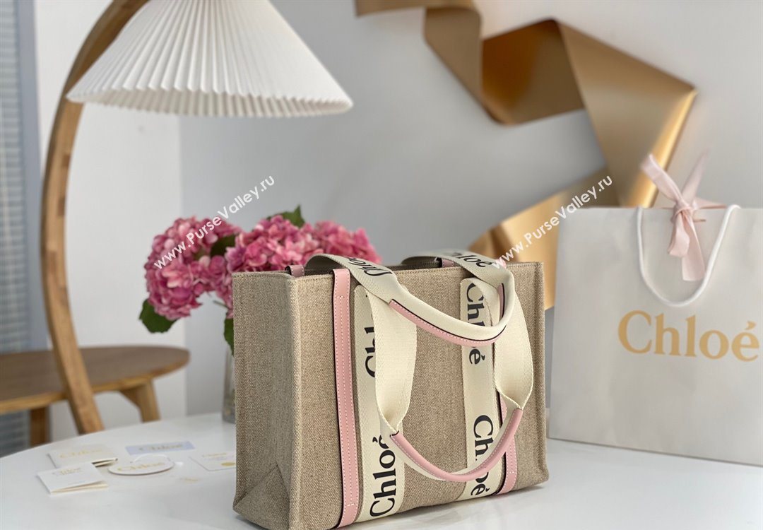 Chloe Medium Woody Tote Bag in Linen Canvas and Calfskin Leather Light Pink 2025 1120 (DLA-251120079)