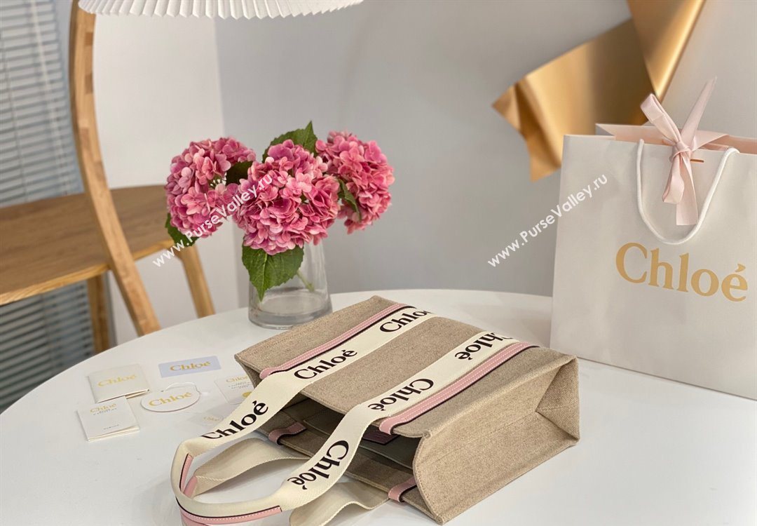 Chloe Medium Woody Tote Bag in Linen Canvas and Calfskin Leather Light Pink 2025 1120 (DLA-251120079)