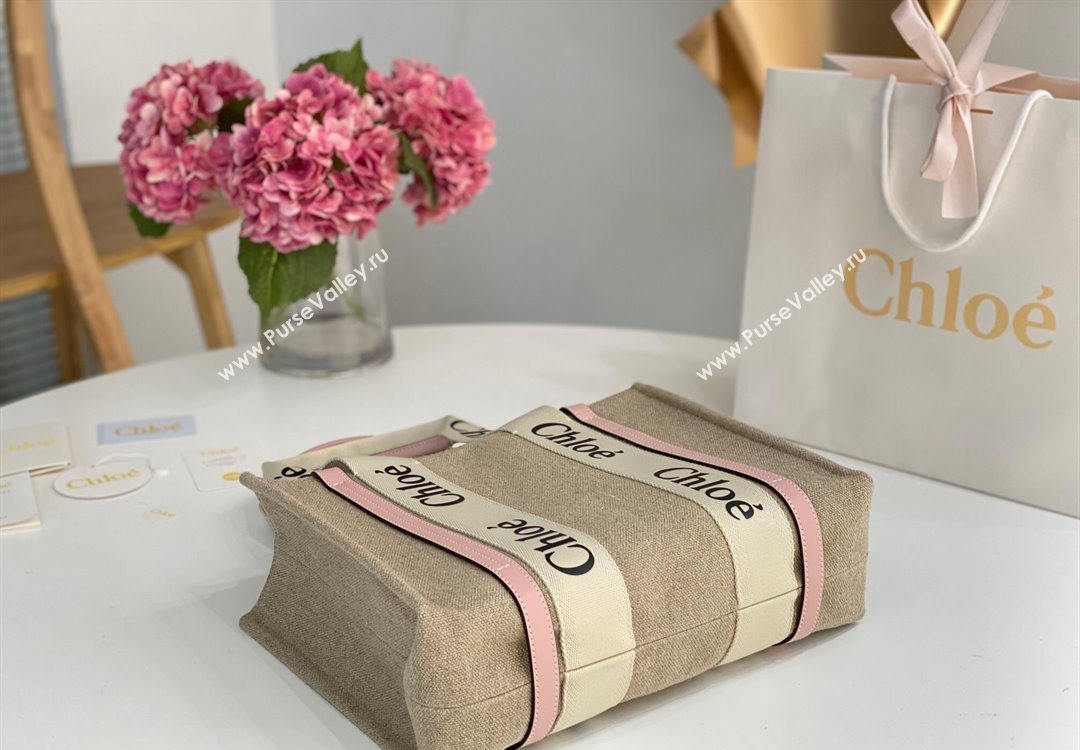 Chloe Medium Woody Tote Bag in Linen Canvas and Calfskin Leather Light Pink 2025 1120 (DLA-251120079)