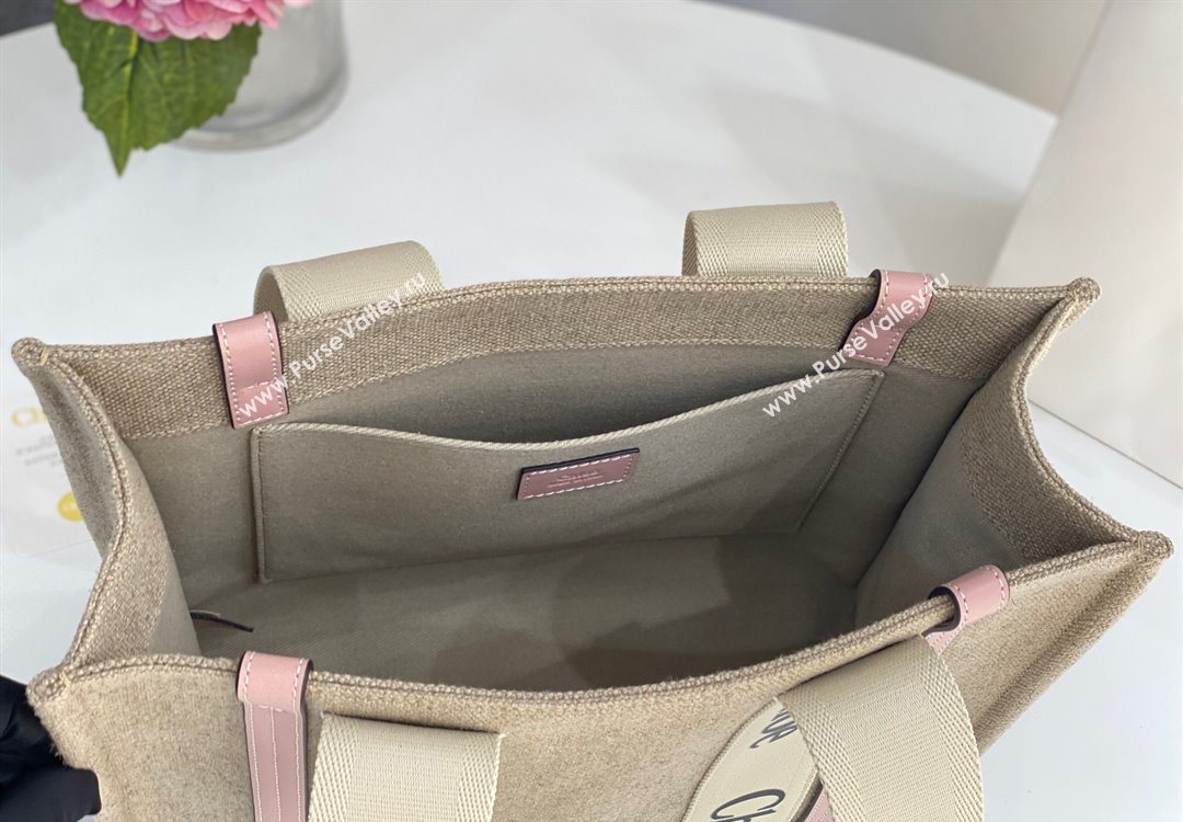 Chloe Medium Woody Tote Bag in Linen Canvas and Calfskin Leather Light Pink 2025 1120 (DLA-251120079)