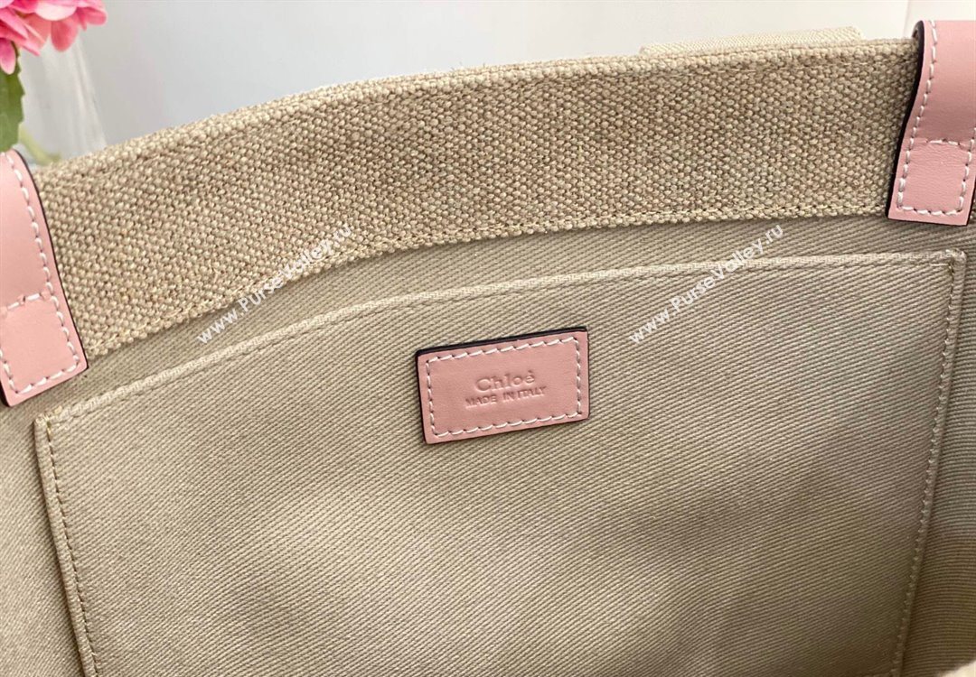 Chloe Medium Woody Tote Bag in Linen Canvas and Calfskin Leather Light Pink 2025 1120 (DLA-251120079)