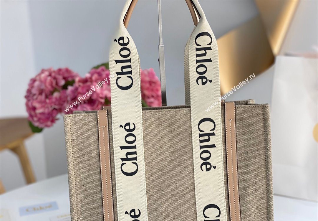 Chloe Medium Woody Tote Bag in Linen Canvas and Calfskin Leather Beige 2025 1120 (DLA-251120080)