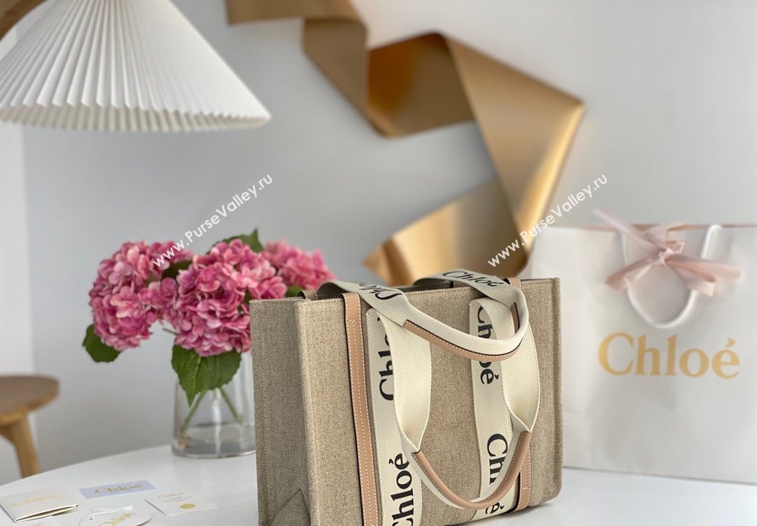 Chloe Medium Woody Tote Bag in Linen Canvas and Calfskin Leather Beige 2025 1120 (DLA-251120080)