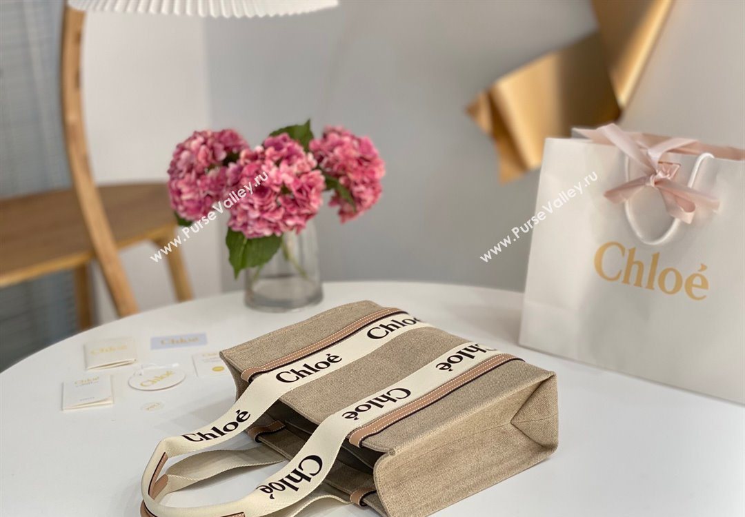 Chloe Medium Woody Tote Bag in Linen Canvas and Calfskin Leather Beige 2025 1120 (DLA-251120080)