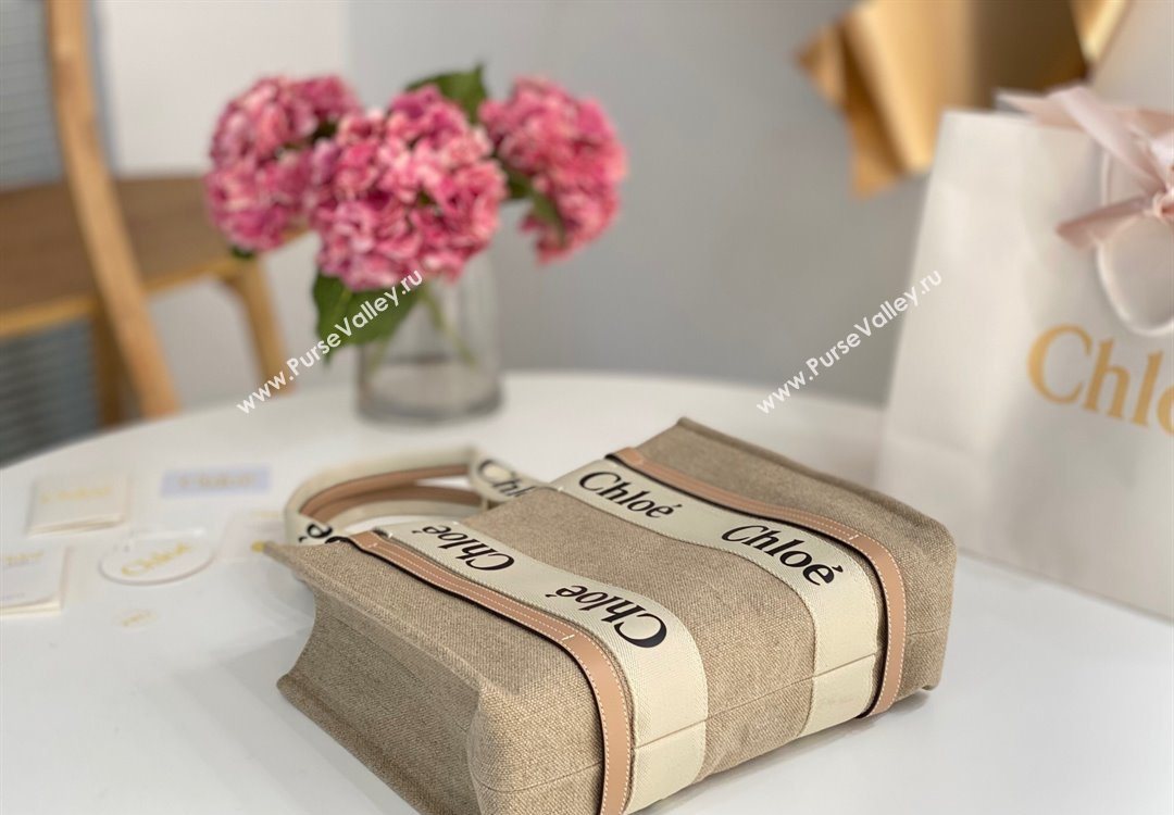 Chloe Medium Woody Tote Bag in Linen Canvas and Calfskin Leather Beige 2025 1120 (DLA-251120080)