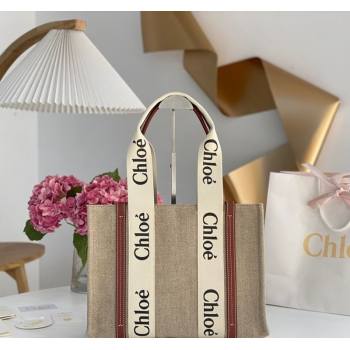 Chloe Medium Woody Tote Bag in Linen Canvas and Calfskin Leather Brown 2025 1120 (DLA-251120081)