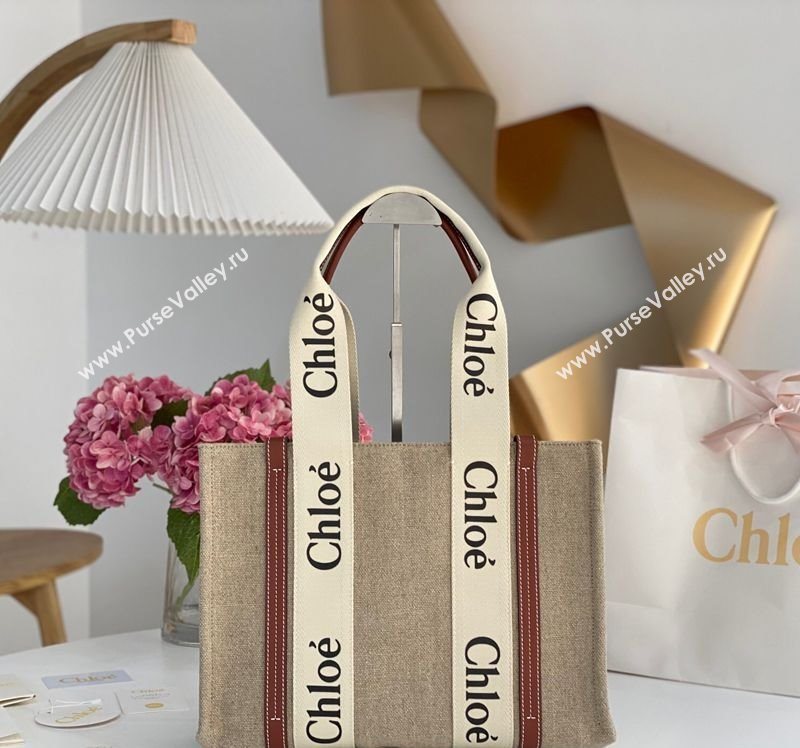 Chloe Medium Woody Tote Bag in Linen Canvas and Calfskin Leather Brown 2025 1120 (DLA-251120081)