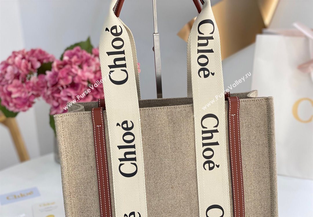 Chloe Medium Woody Tote Bag in Linen Canvas and Calfskin Leather Brown 2025 1120 (DLA-251120081)