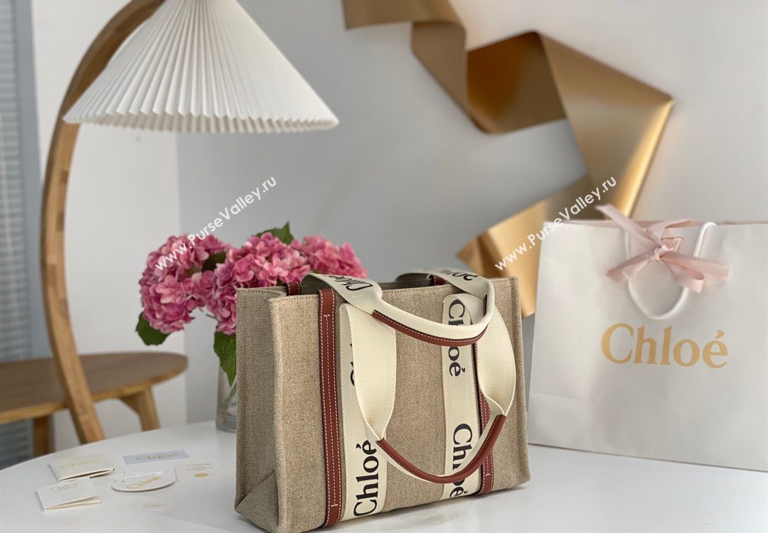 Chloe Medium Woody Tote Bag in Linen Canvas and Calfskin Leather Brown 2025 1120 (DLA-251120081)