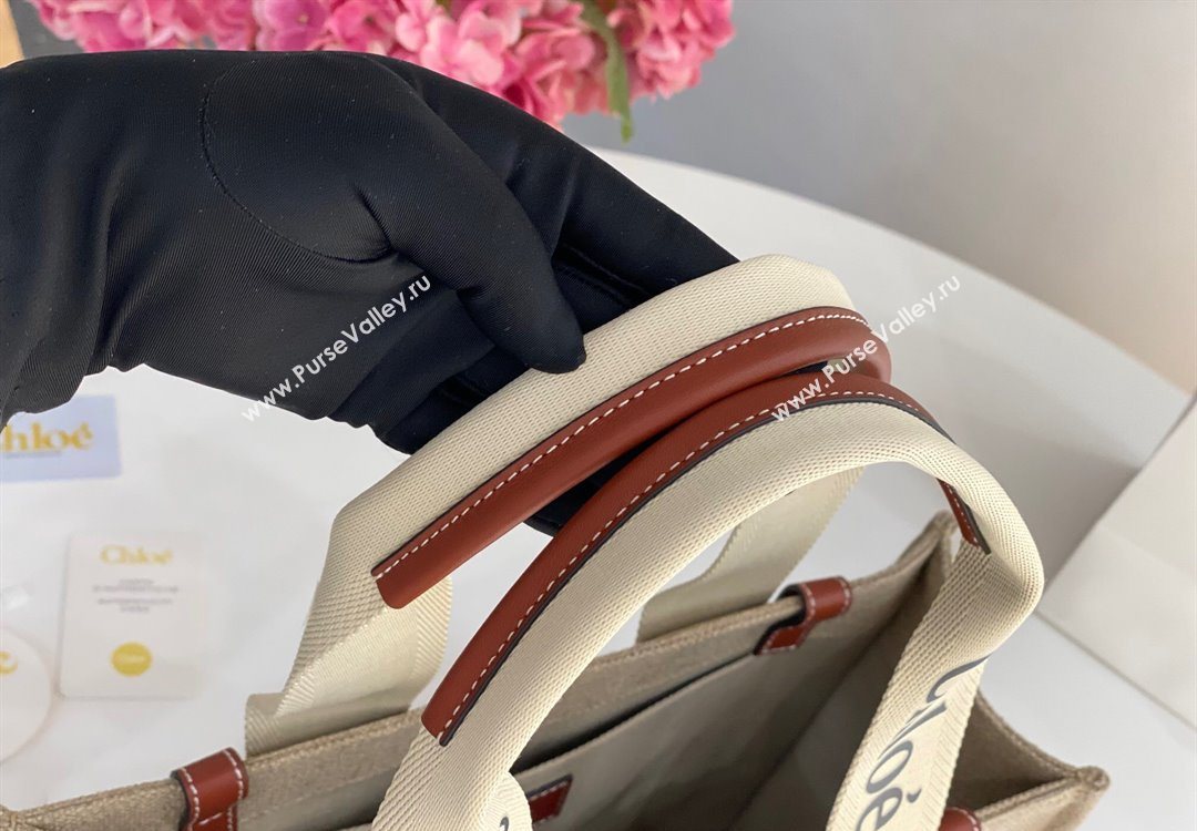 Chloe Medium Woody Tote Bag in Linen Canvas and Calfskin Leather Brown 2025 1120 (DLA-251120081)