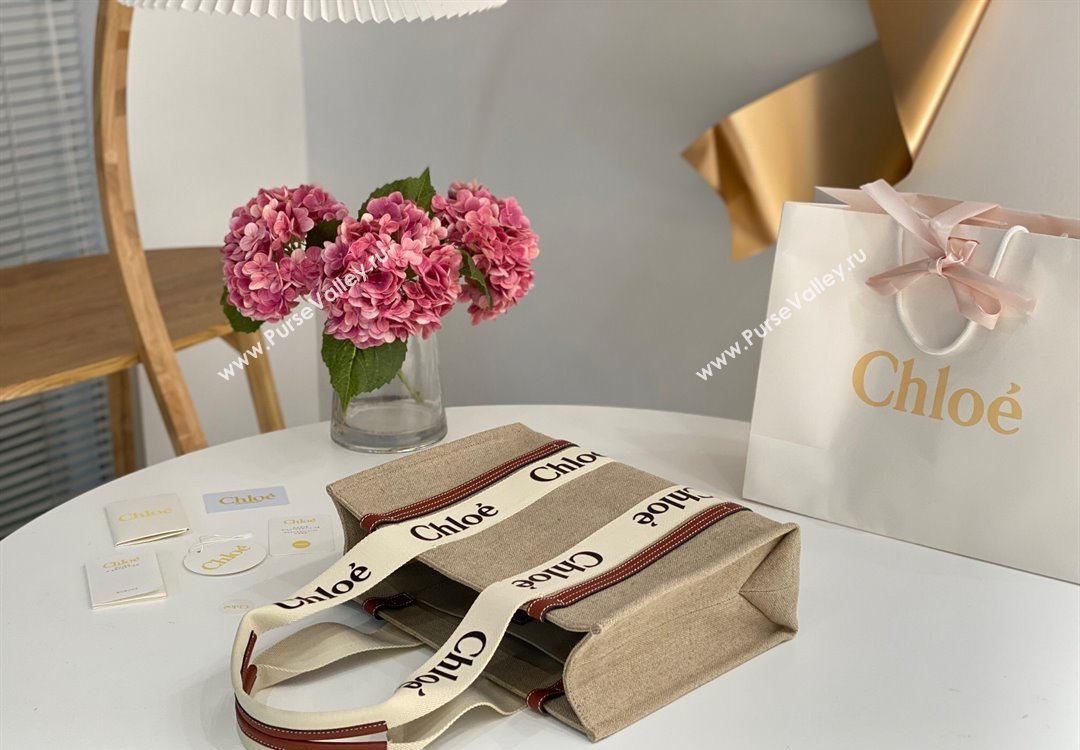 Chloe Medium Woody Tote Bag in Linen Canvas and Calfskin Leather Brown 2025 1120 (DLA-251120081)