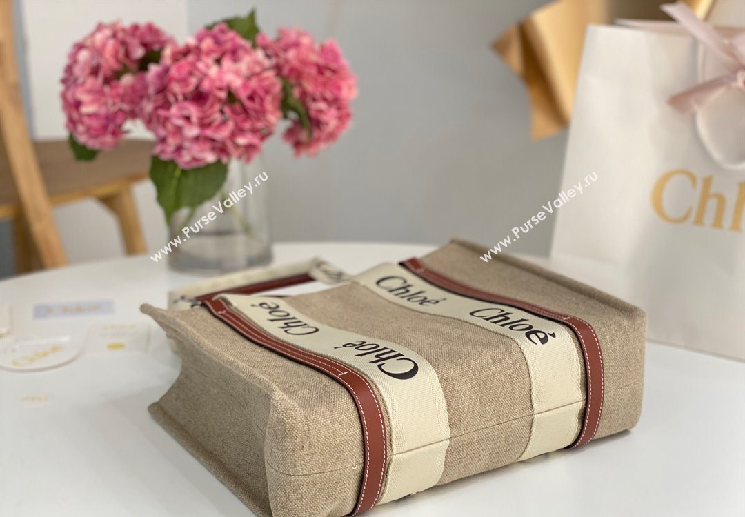 Chloe Medium Woody Tote Bag in Linen Canvas and Calfskin Leather Brown 2025 1120 (DLA-251120081)