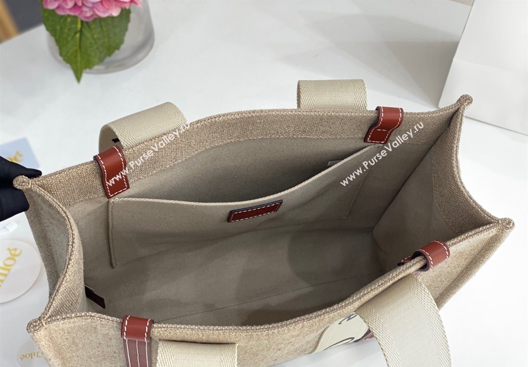 Chloe Medium Woody Tote Bag in Linen Canvas and Calfskin Leather Brown 2025 1120 (DLA-251120081)