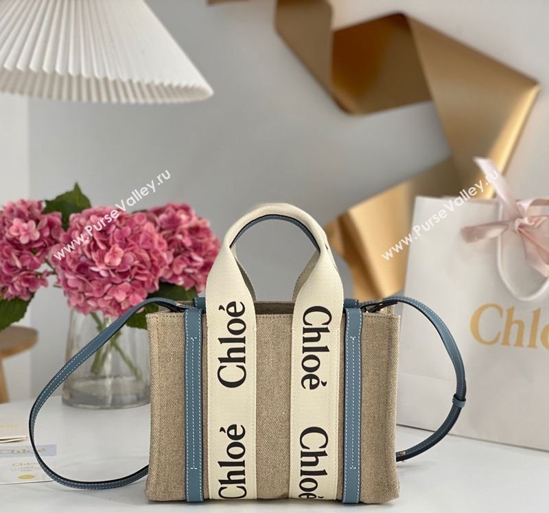 Chloe Small Woody Tote Bag in Linen Canvas and Calfskin Leather Denim Blue 2025 1120 (DLA-251120082)