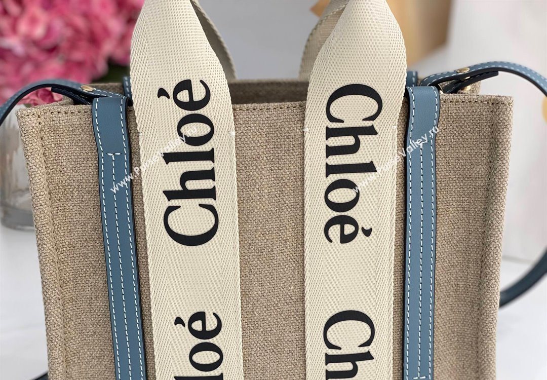 Chloe Small Woody Tote Bag in Linen Canvas and Calfskin Leather Denim Blue 2025 1120 (DLA-251120082)