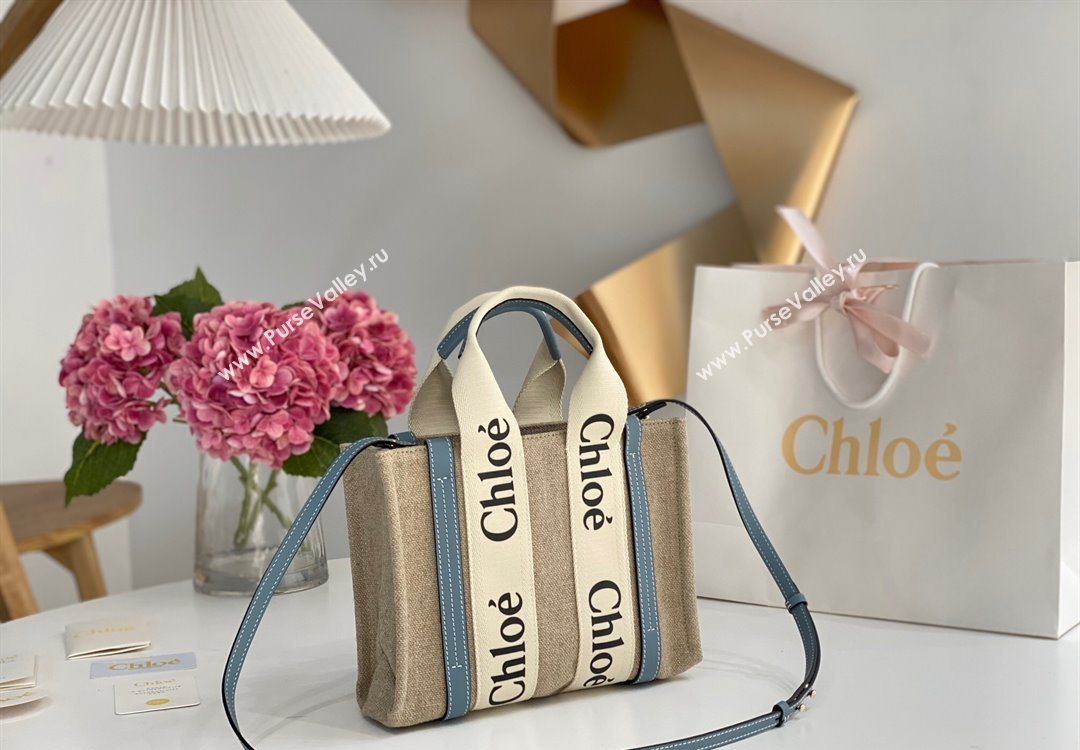 Chloe Small Woody Tote Bag in Linen Canvas and Calfskin Leather Denim Blue 2025 1120 (DLA-251120082)