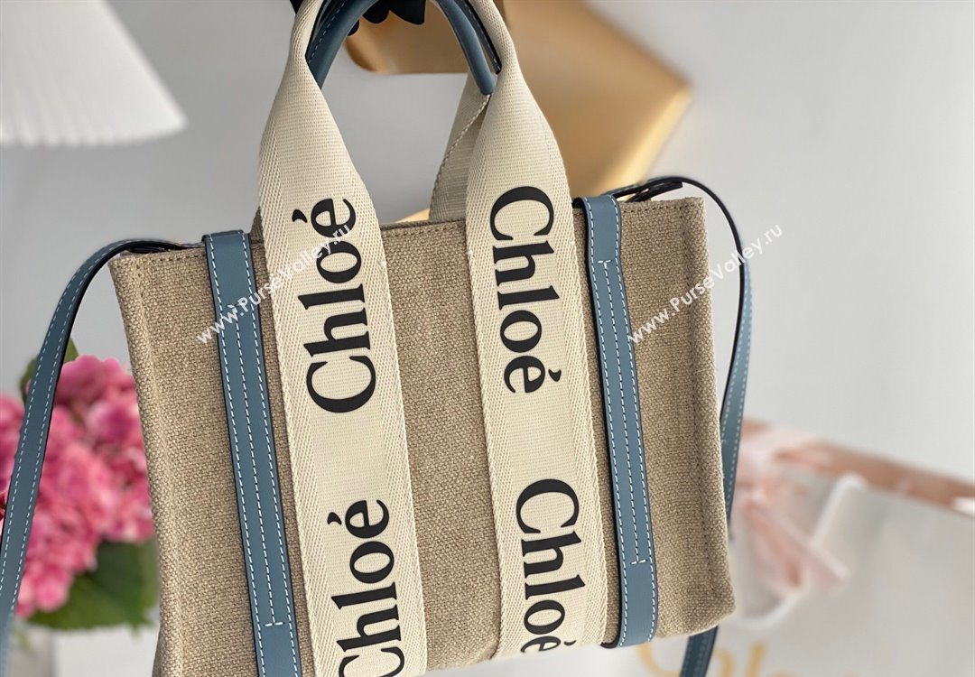 Chloe Small Woody Tote Bag in Linen Canvas and Calfskin Leather Denim Blue 2025 1120 (DLA-251120082)