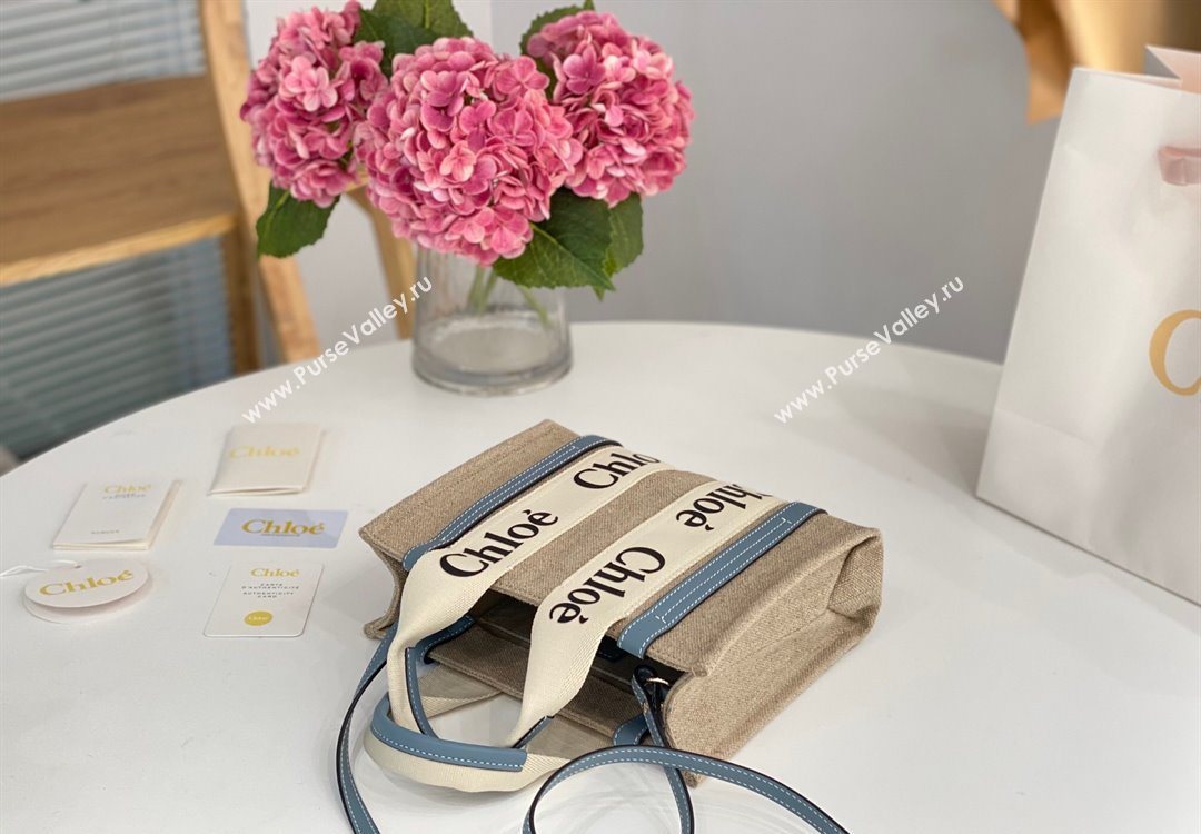 Chloe Small Woody Tote Bag in Linen Canvas and Calfskin Leather Denim Blue 2025 1120 (DLA-251120082)