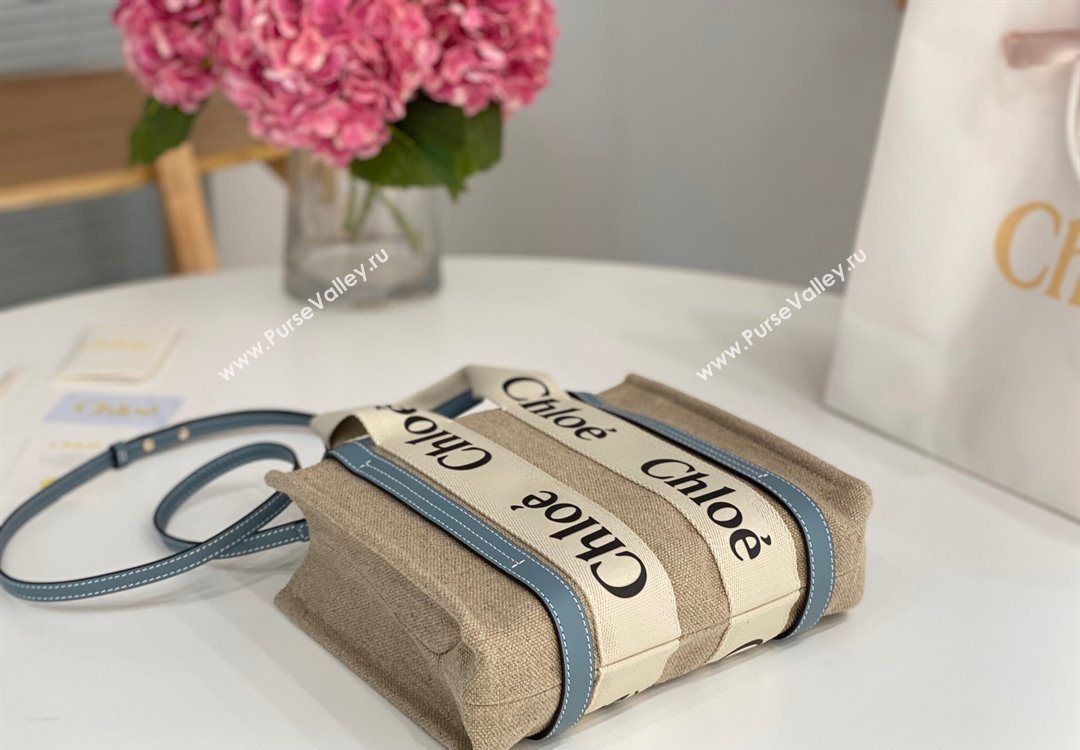 Chloe Small Woody Tote Bag in Linen Canvas and Calfskin Leather Denim Blue 2025 1120 (DLA-251120082)
