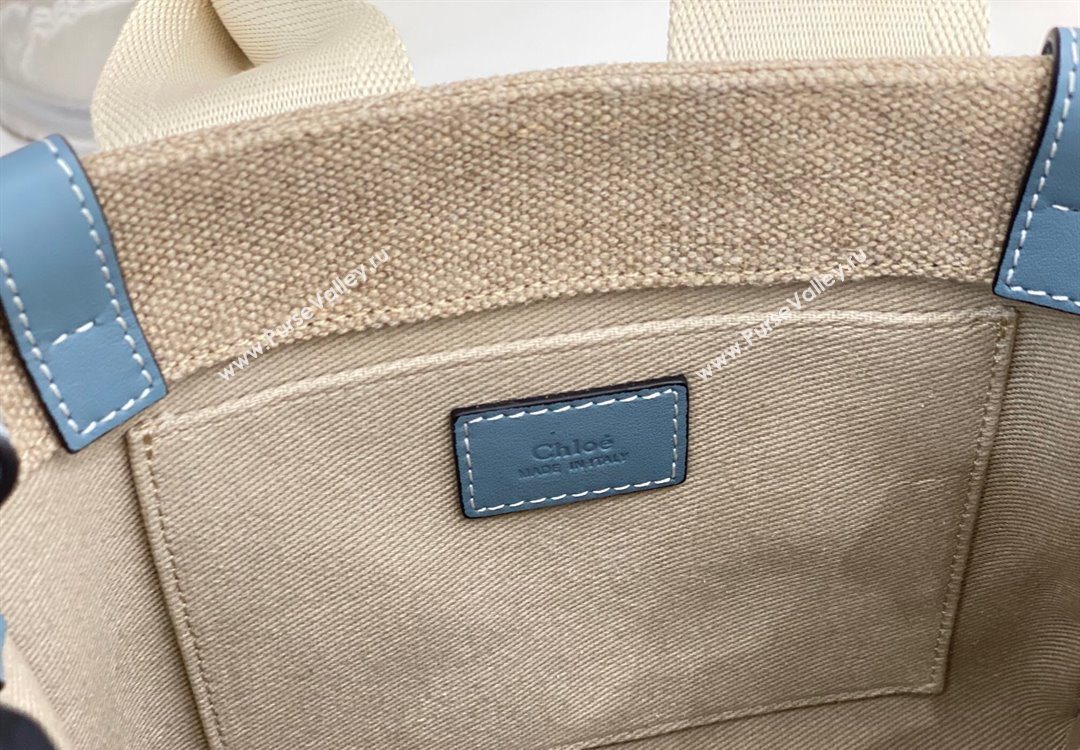 Chloe Small Woody Tote Bag in Linen Canvas and Calfskin Leather Denim Blue 2025 1120 (DLA-251120082)