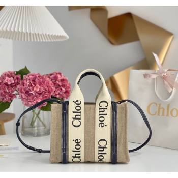 Chloe Small Woody Tote Bag in Linen Canvas and Calfskin Leather Dark Blue 2025 1120 (DLA-251120083)