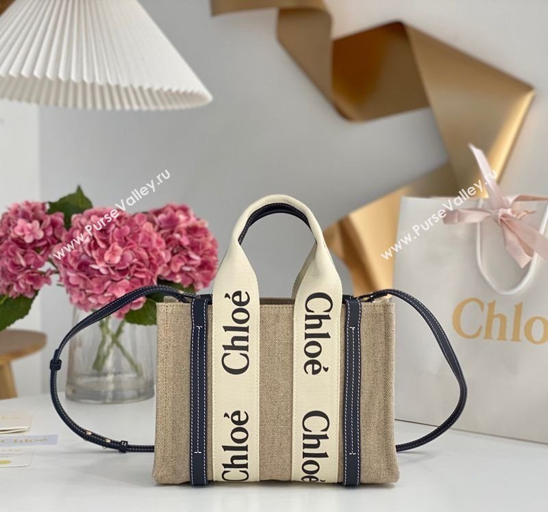 Chloe Small Woody Tote Bag in Linen Canvas and Calfskin Leather Dark Blue 2025 1120 (DLA-251120083)