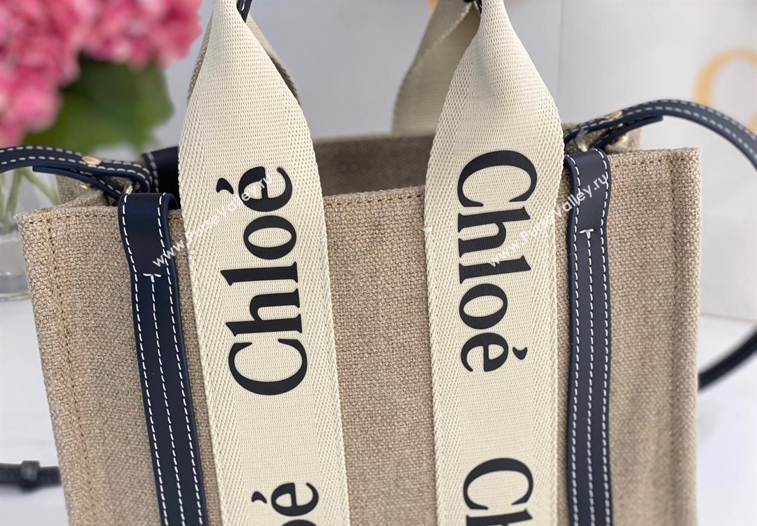 Chloe Small Woody Tote Bag in Linen Canvas and Calfskin Leather Dark Blue 2025 1120 (DLA-251120083)