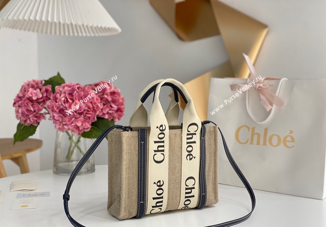 Chloe Small Woody Tote Bag in Linen Canvas and Calfskin Leather Dark Blue 2025 1120 (DLA-251120083)