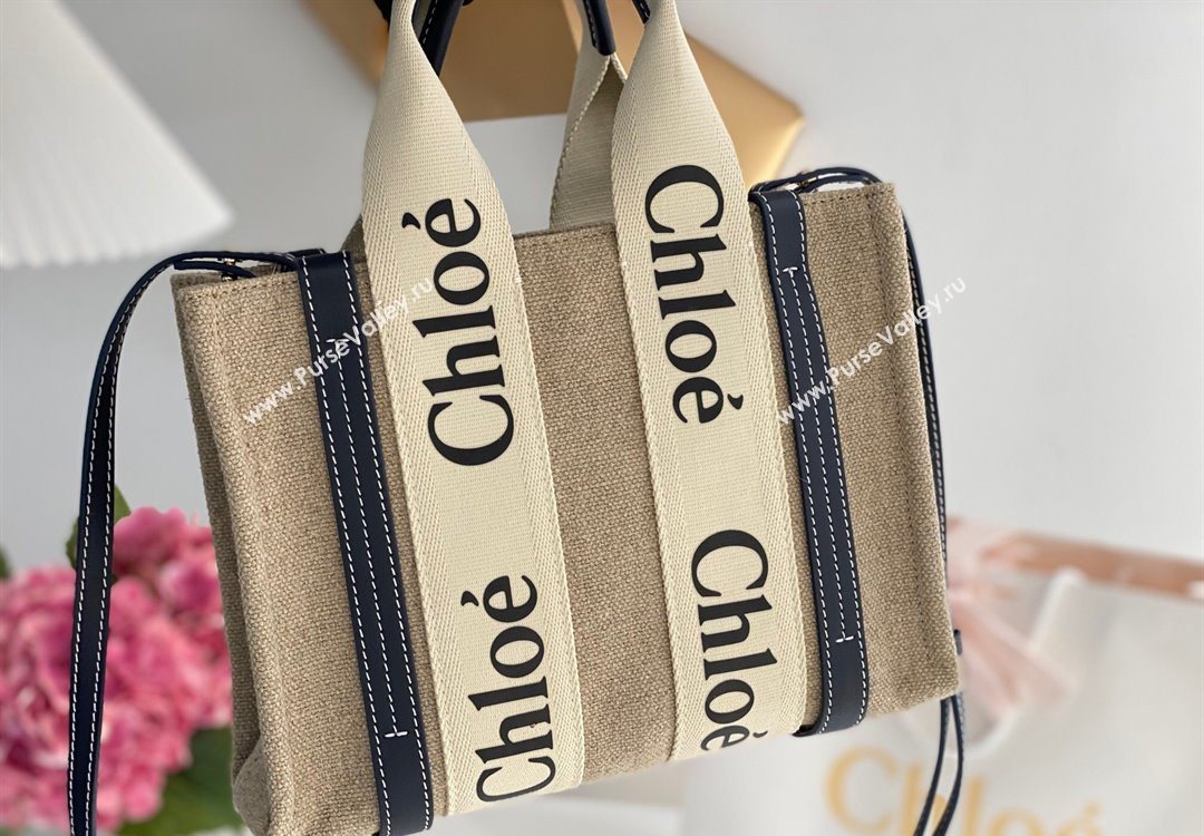 Chloe Small Woody Tote Bag in Linen Canvas and Calfskin Leather Dark Blue 2025 1120 (DLA-251120083)