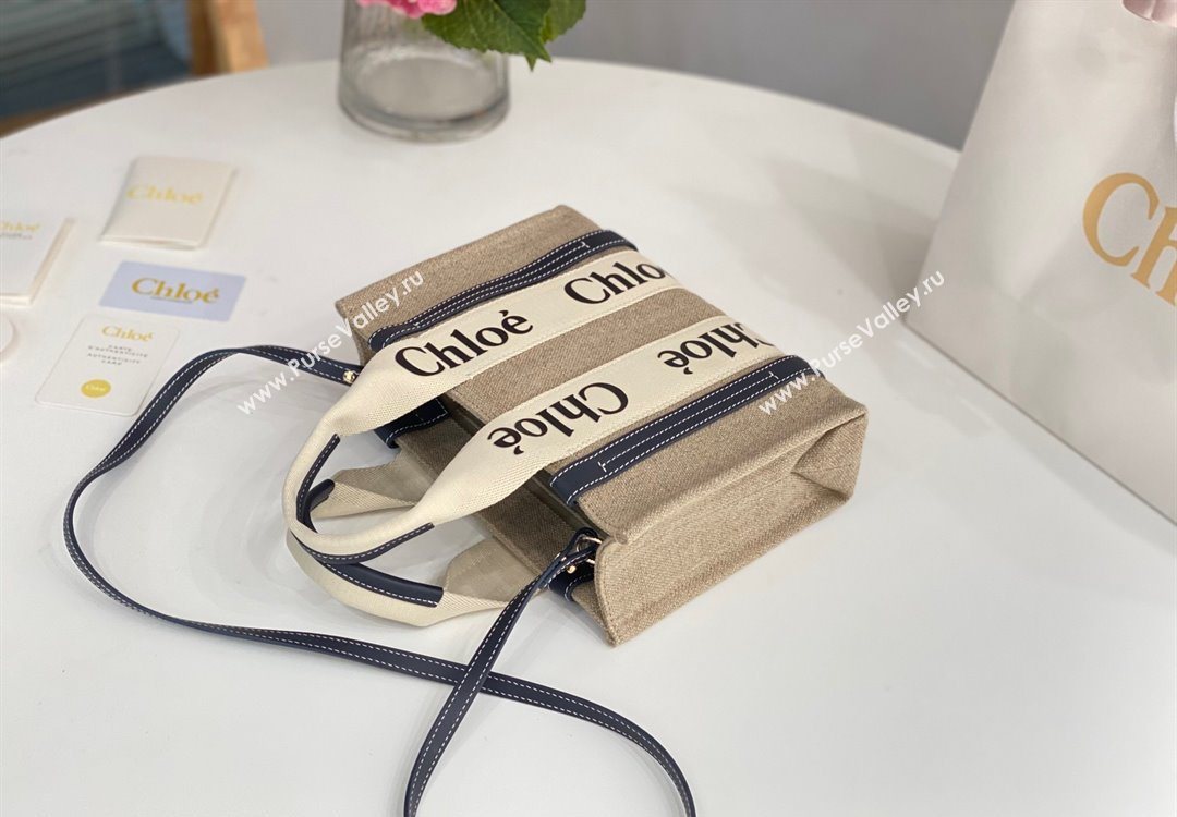 Chloe Small Woody Tote Bag in Linen Canvas and Calfskin Leather Dark Blue 2025 1120 (DLA-251120083)