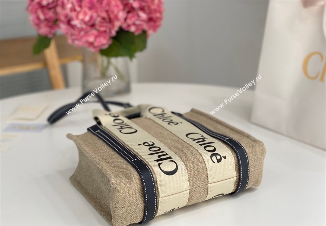 Chloe Small Woody Tote Bag in Linen Canvas and Calfskin Leather Dark Blue 2025 1120 (DLA-251120083)
