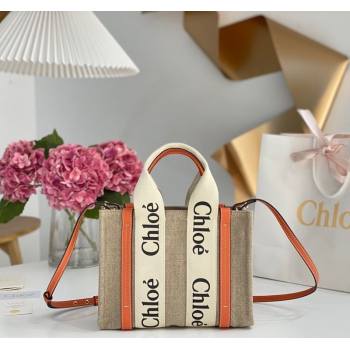 Chloe Small Woody Tote Bag in Linen Canvas and Calfskin Leather Orange 2025 1120 (DLA-251120084)