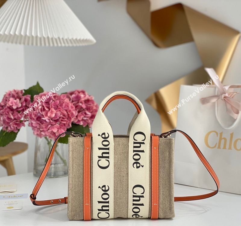 Chloe Small Woody Tote Bag in Linen Canvas and Calfskin Leather Orange 2025 1120 (DLA-251120084)