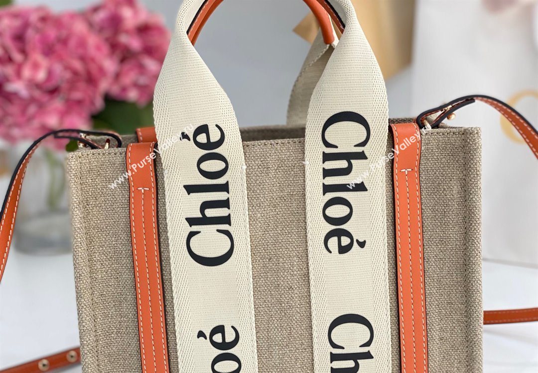 Chloe Small Woody Tote Bag in Linen Canvas and Calfskin Leather Orange 2025 1120 (DLA-251120084)