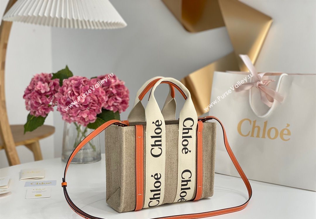 Chloe Small Woody Tote Bag in Linen Canvas and Calfskin Leather Orange 2025 1120 (DLA-251120084)