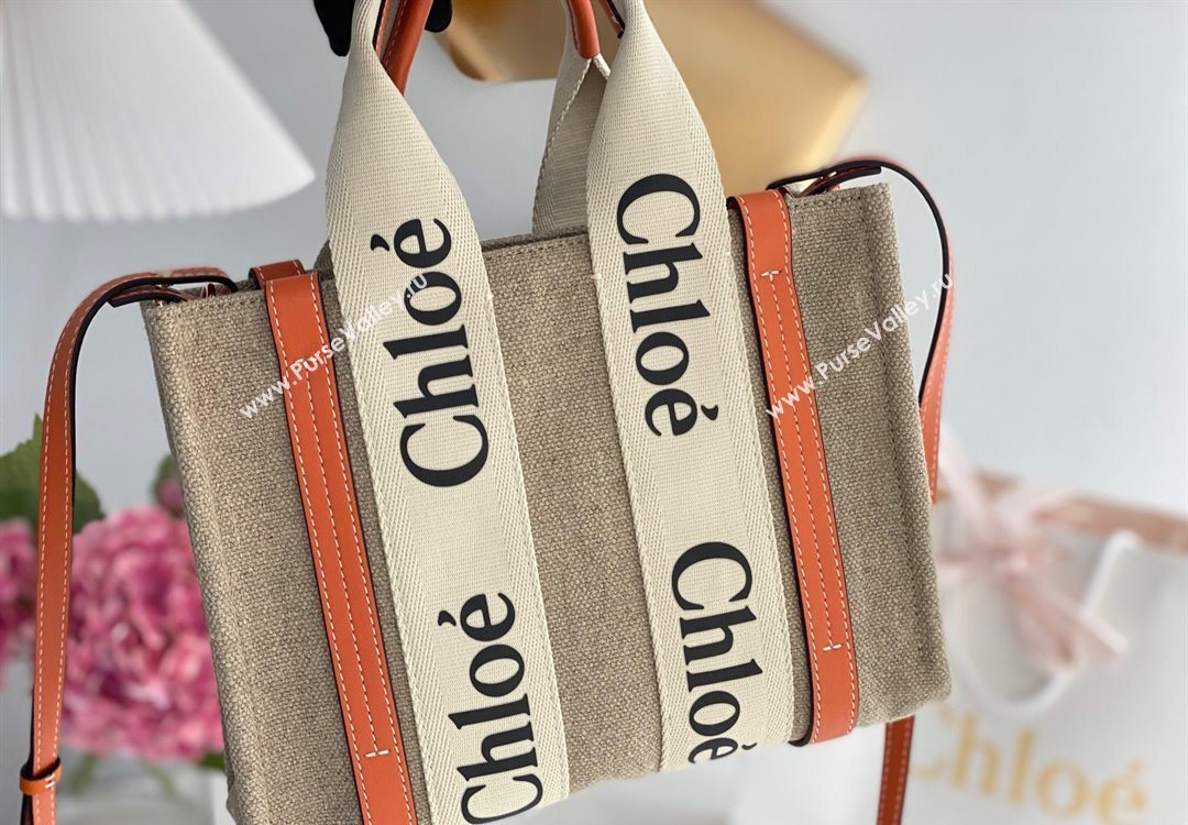 Chloe Small Woody Tote Bag in Linen Canvas and Calfskin Leather Orange 2025 1120 (DLA-251120084)