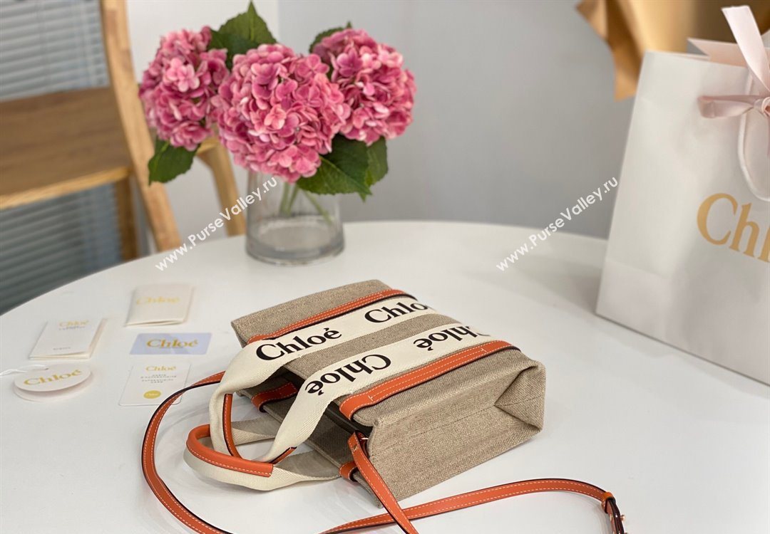 Chloe Small Woody Tote Bag in Linen Canvas and Calfskin Leather Orange 2025 1120 (DLA-251120084)