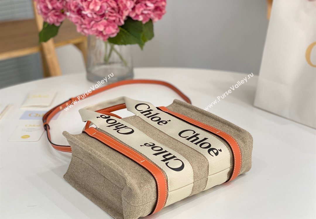 Chloe Small Woody Tote Bag in Linen Canvas and Calfskin Leather Orange 2025 1120 (DLA-251120084)