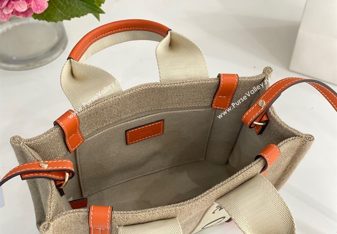 Chloe Small Woody Tote Bag in Linen Canvas and Calfskin Leather Orange 2025 1120 (DLA-251120084)