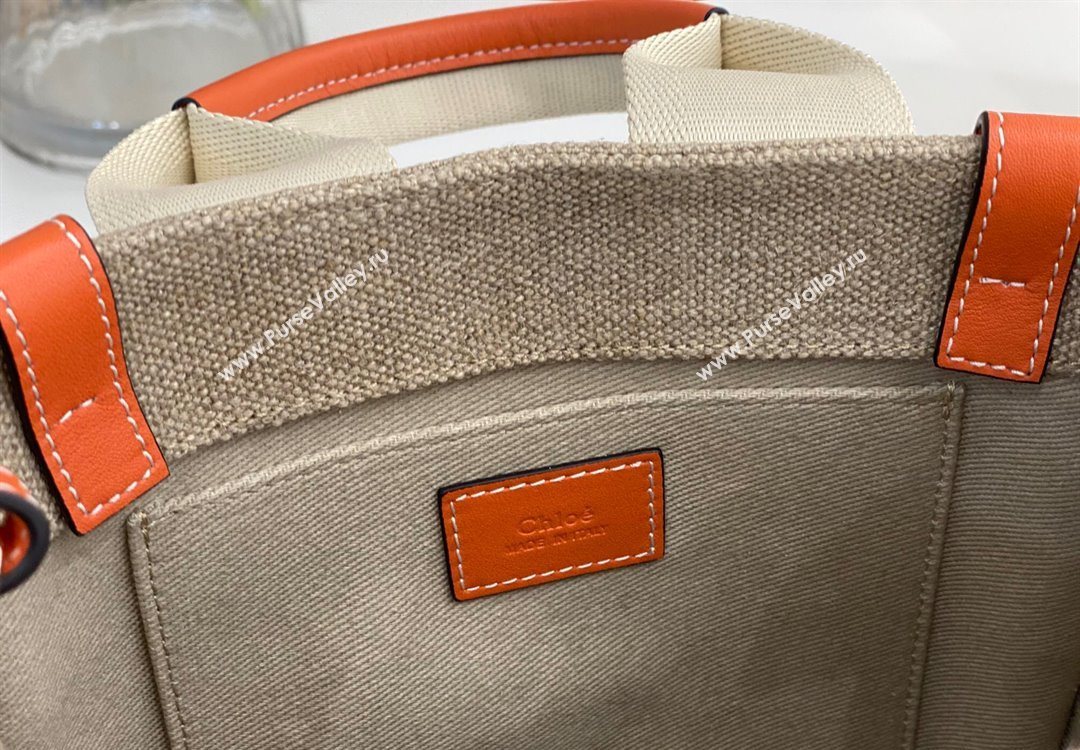 Chloe Small Woody Tote Bag in Linen Canvas and Calfskin Leather Orange 2025 1120 (DLA-251120084)