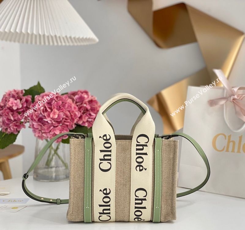 Chloe Small Woody Tote Bag in Linen Canvas and Calfskin Leather Light Green 2025 1120 (DLA-251120085)