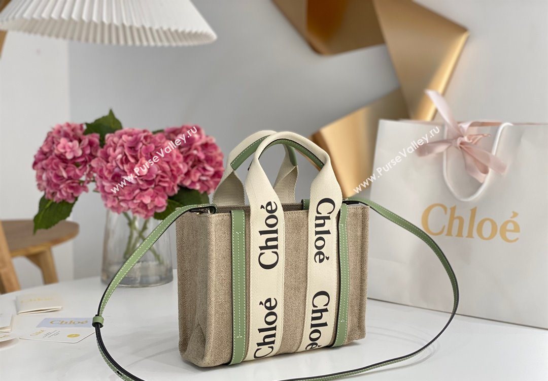 Chloe Small Woody Tote Bag in Linen Canvas and Calfskin Leather Light Green 2025 1120 (DLA-251120085)